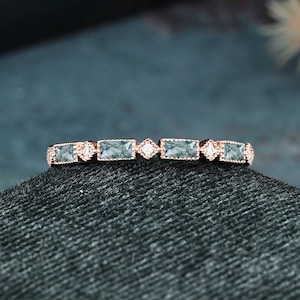 Moss Agate Ring Rose Gold Wedding Band Women Dainty Moissanite Rose Gold Stacking Matching Band Bezel Set Handmade Custom Anniversary Gift