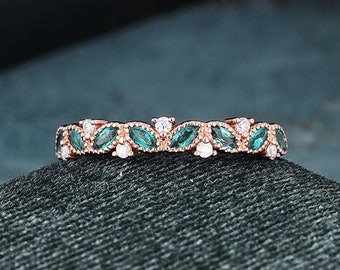 Marquise emerald ring Lab emerald wedding band Art Deco wedding ring band diamond ring for women silver rose gold unique vintage ring gift