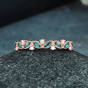 Marquise emerald ring Lab emerald wedding band Art Deco wedding ring band diamond ring for women 14k rose gold unique vintage ring gift