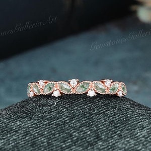 Marquise moss agate wedding band Rose gold wedding band women Half eternity moissanite Milgrain Matching Art deco Bridal Stacking Promise