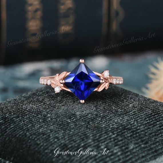 Princess Cut Sapphire Woodland Engagement Ring Vintage Rose Gold
