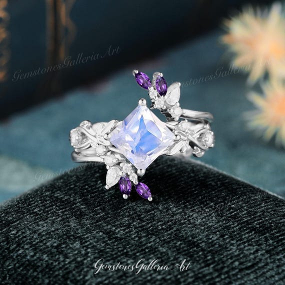 2PCS Princess Cut Moonstone Engagement Ring Unique White Gold