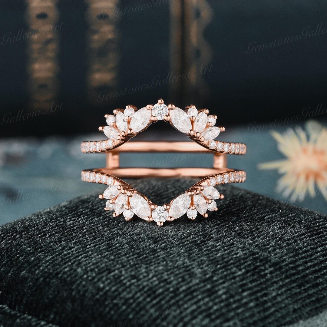 Art Deco Curved Wedding Band Enhancer Unique Moissanite Rose Gold ...