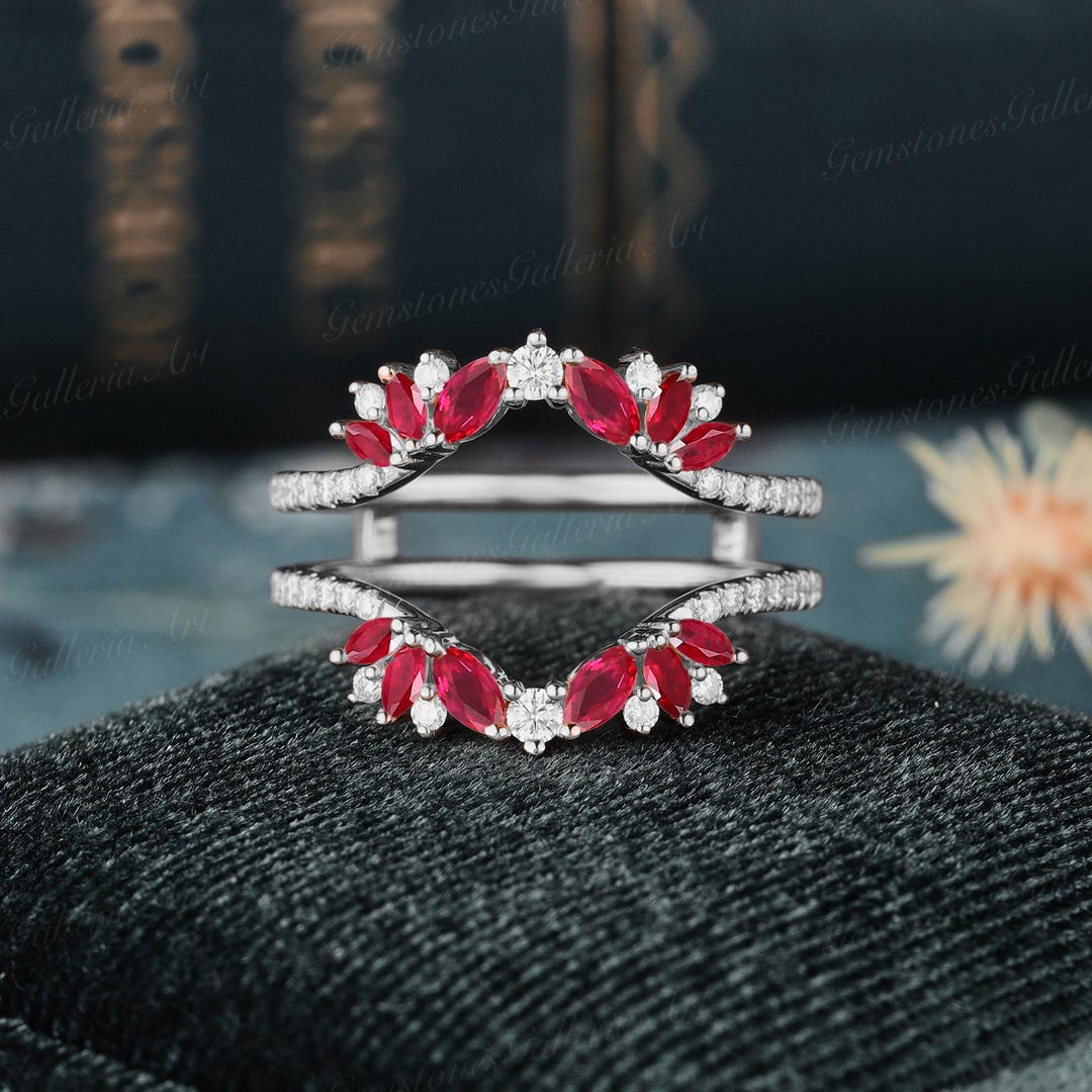Art Deco Marquise Ruby Ring Enhancer White Gold Cage Moissanite Double ...