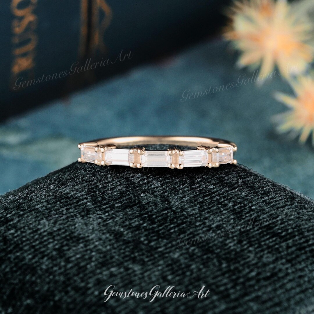Baguette Moissanite Wedding Band Vintage Yellow Gold Half Eternity ...