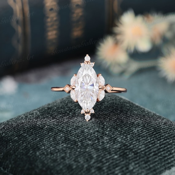 2CT Marquise Cut Moissanite Engagement Ring Art Deco Rose Gold
