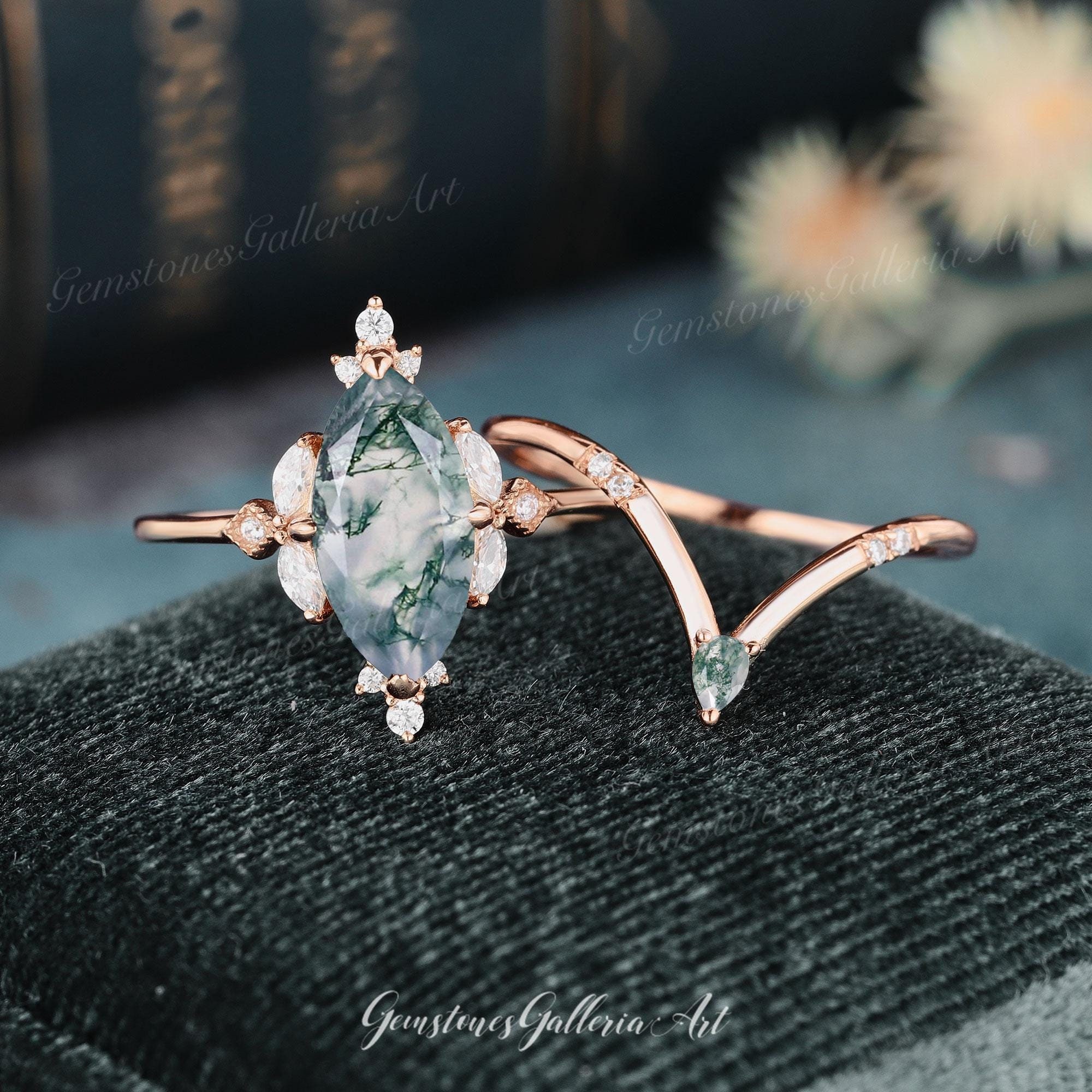 Vintage Moss Agate Engagement Ring Set Rose Gold Unique Art Deco