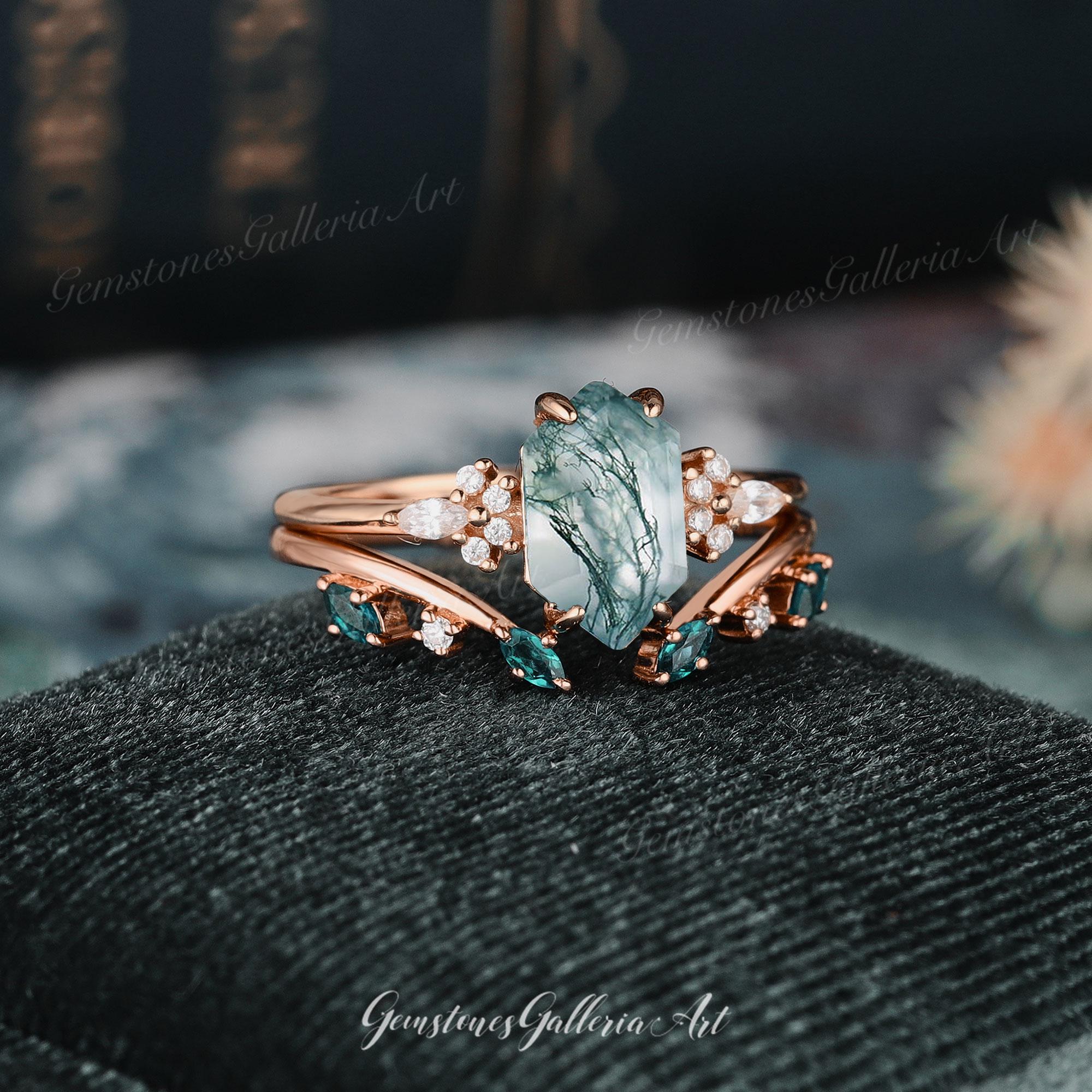 Hexagon Cut Moss Agate Ring Unique Rose Gold Engagement Ring Set Leaf ...