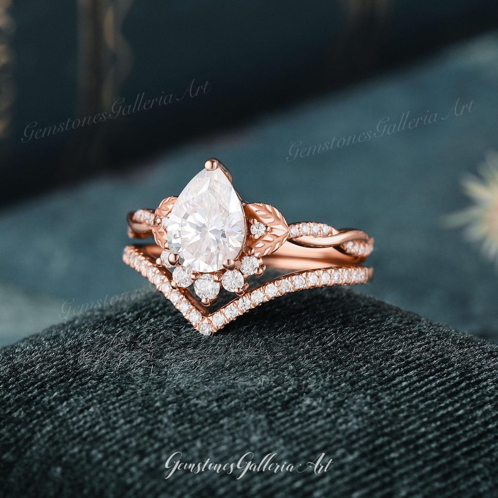 Pear Shaped Moissanite Engagement Ring Set Art Deco Rose Gold Pear Shaped Moissanite Engagement Ring Set Art Deco Rose Gold
