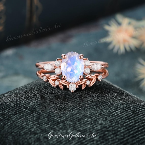 Oval Moonstone Engagement Ring Set Rose Gold Vintage Moissanite