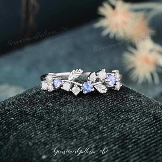 Leaf Tanzanite Wedding Band Diamond Vine Ring White Gold Ring