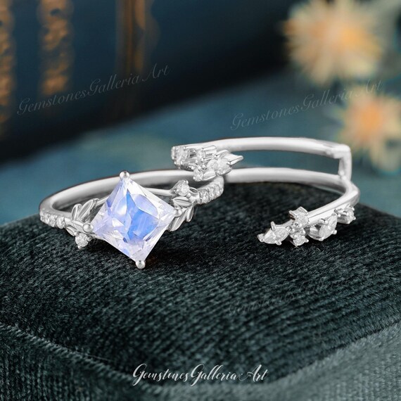 Vintage Princess Cut Moonstone Engagement Ring Set White Gold