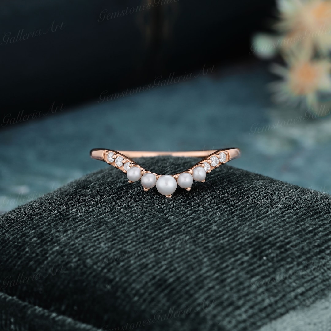 Vintage Pearl Moissanite Curved Wedding Band Rose Gold Pearl Wedding ...