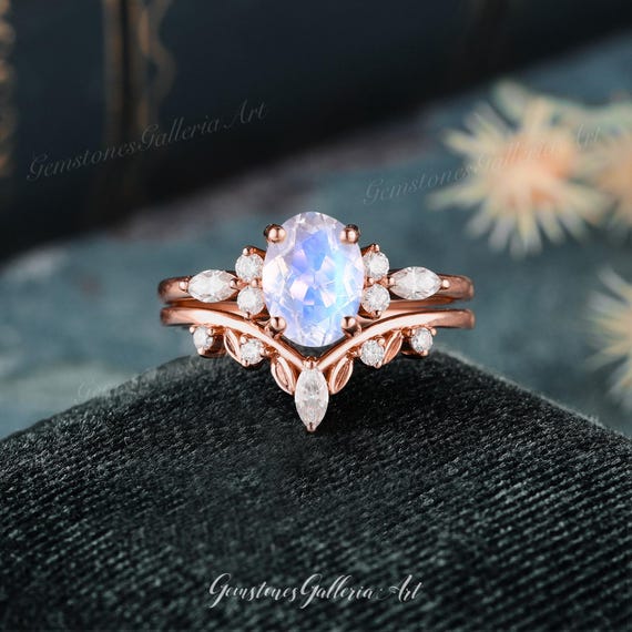 Oval Cut Moonstone Engagement Ring Set Moissanite Leaf Twig Branch