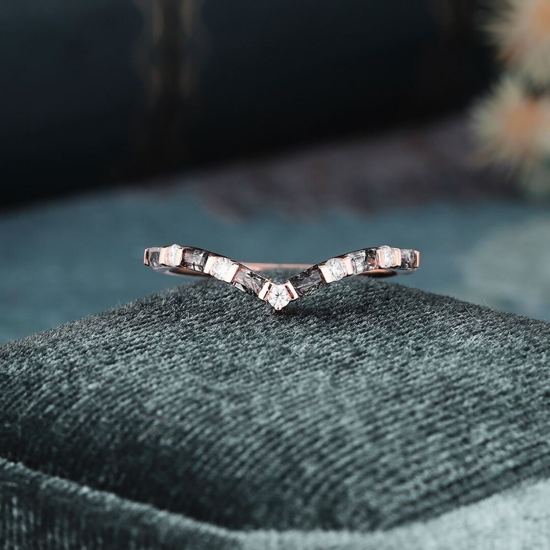 Black Rutilated Quartz Ring Rose Gold Wedding Band Women Curved Ring