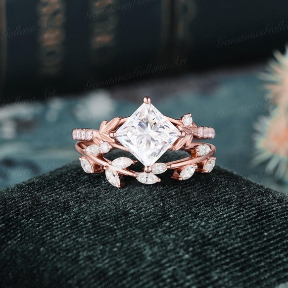 Nature Inspired Princess Cut Moissanite Engagement Ring Rose Gold