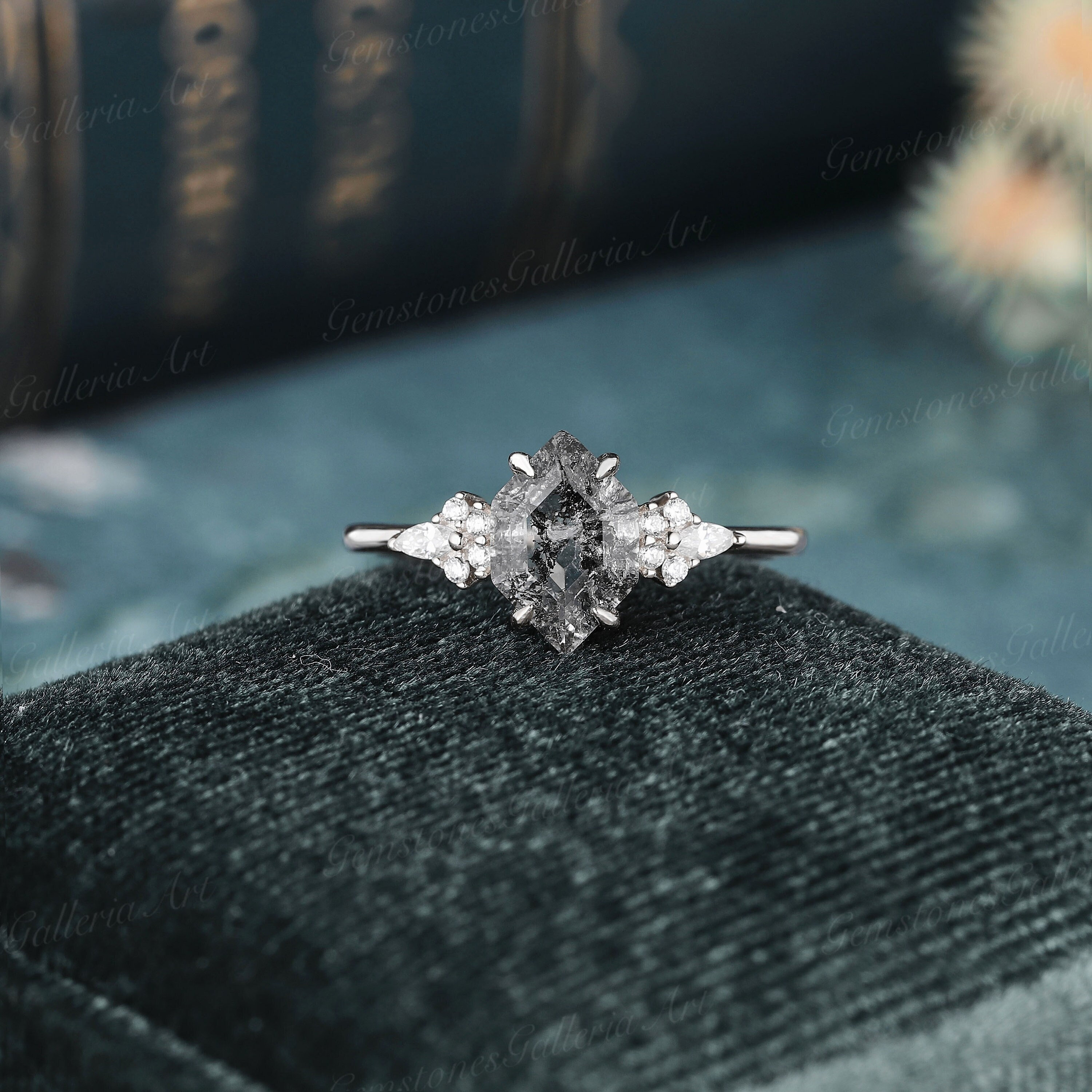 Salt and Pepper Crystal Ring Hexagon Ring White Gold Engagement Ring Black Rutilated Quartz Ring Crystal Engagement Ring Cluster Diamond