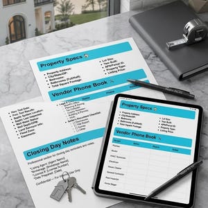 Puede incluir: Imagen de bienes raíces con documentos de propiedad, una tableta que muestra especificaciones, un bolígrafo, un cuaderno, una cinta métrica y llaves. Los documentos incluyen secciones para detalles de la propiedad y contactos de proveedores.