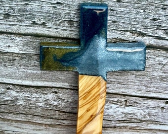 Silver and Gold Epoxy Resin Olive Wood Handmade Traditional Cross that hangs on wall