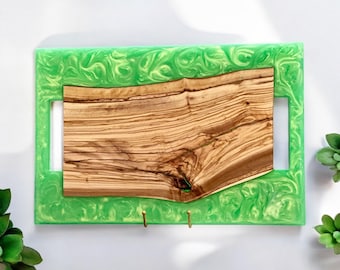 Personalized Charcuterie Board with Handles, Lime Green Epoxy Resin Olive Wood Cutting/Charcuterie/Serving/Grazing Board