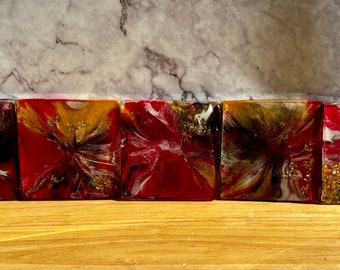 Set of 5 Red, Gold, Black and White Maryland State Flag Epoxy Resin Handmade Coasters