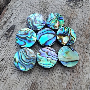 Könnte beinhalten: Acht irisierende Perlmutt-Scheiben aus Abalone mit blauen, grünen und violetten Farbtönen. Die Scheiben sind rund und haben eine glatte, polierte Oberfläche.