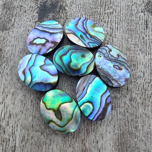 Könnte beinhalten: Sieben ovale Abalone-Muschel-Cabochons mit schillernden blauen, grünen und violetten Farben. Die Cabochons sind in einer Gruppe auf einer Holzoberfläche angeordnet.