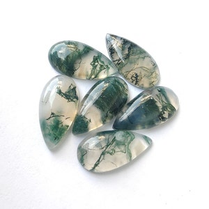 Puede incluir: Seis cabujones de ágata verde musgo en forma de lágrima con fondo blanco. Los cabujones son translúcidos y tienen una variedad de patrones verdes y blancos.