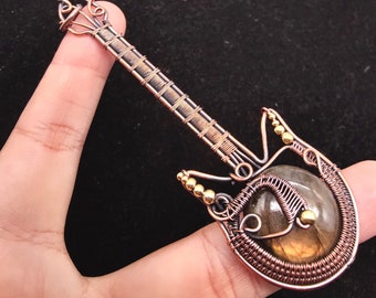 Labradoriet gitaar hanger koperdraad verpakt sieraden edelsteen hanger koperen sieraden labradoriet sieraden handgemaakte sieraden cadeau voor haar