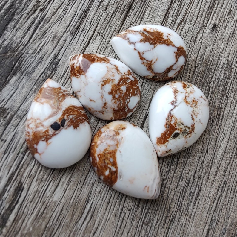 Puede incluir: Cinco piedras blancas en forma de l&aacute;grima con vetas marrones. Las piedras son lisas y pulidas.