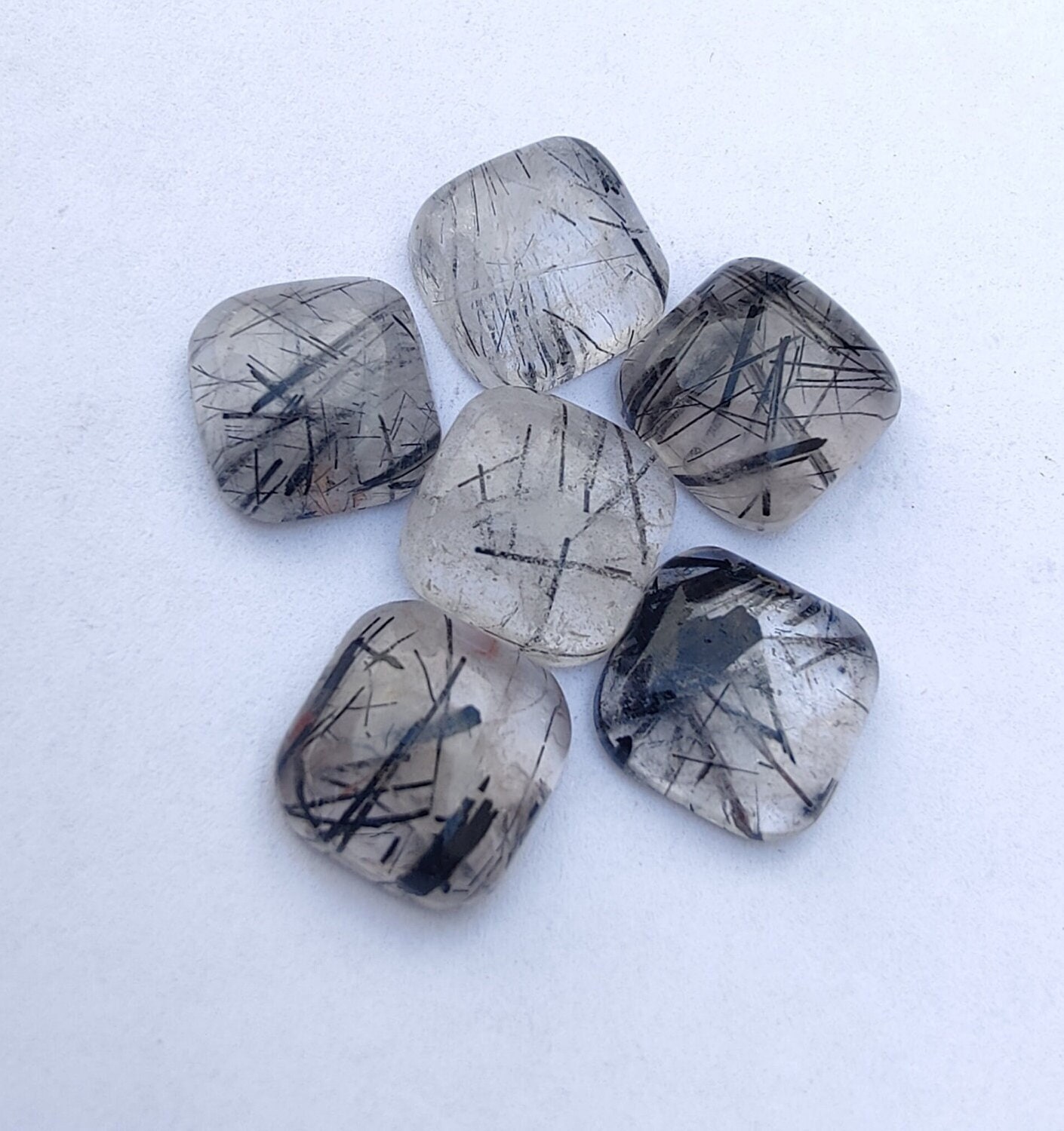 AAA+ Black Rutilated Quartz Cabochon: Square Cushion Shape Gemstone