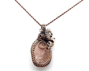 Rough Rose Quartz Pendant Copper Wire Wrapped Gemstone Pendant Copper Jewelry Handmade Jewelry Rose Quartz Necklace Gift For Her Friend