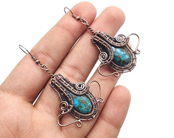 Blue Copper Turquoise Earrings Copper Wire Wrapped Earrings Turquoise Gemstone Earrings Copper Jewelry Dangle Earrings Turquoise Jewelry