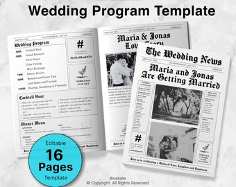 Hochzeitsprogramm-Vorlage im Zeitungsstil, bearbeitbares Infografik-Design, einzigartige druckbare Hochzeits-Timeline, interaktive Hochzeitswortsuche