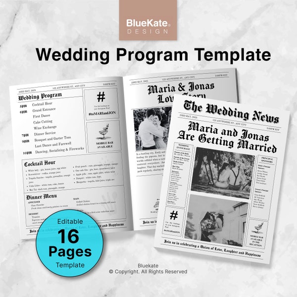 Vorlage für ein Hochzeitsprogramm im Zeitungsstil, bearbeitbares Infografik-Design, einzigartige druckbare Hochzeitszeitleiste, interaktive Wortsuche für die Hochzeit