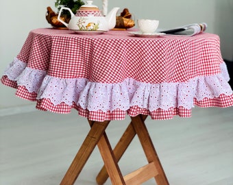 Mantel de lino redondo en Gingham rojo, mantel con volantes de granja de campo, mantel hecho a mano con volantes de Gingham, mantel de lino de Navidad