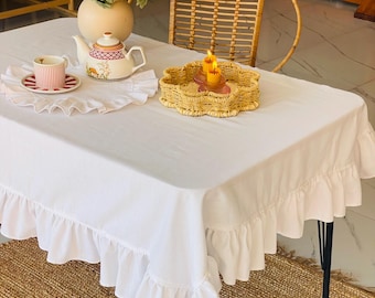 White Linen Ruffled Tablecloth: Vintage Rustic Table Cover