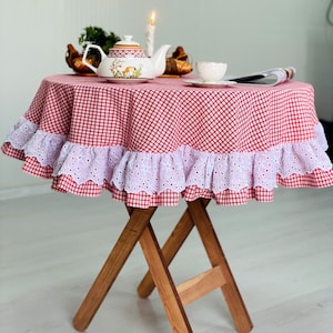 Red Gingham Linen Tablecloth: Handmade Country Farmhouse Frilly Tablecover