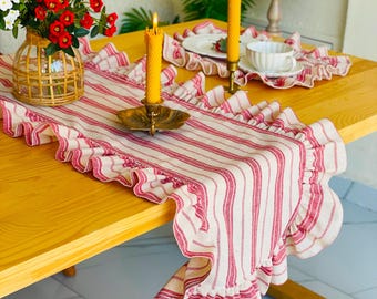 Red Stripe Linen Table Runner with Ruffle - Stonewashed Vintage Style
