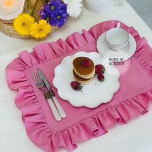 Pink Linen Placemat with Ruffles: Handmade Vintage Table Decor