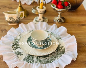 Green Toile de Jouy Placemats with White Linen Ruffle: French Country Dining