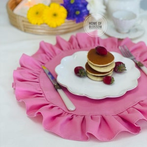 Handmade Pink Linen Placemat: Ruffled Wedding Table Decor