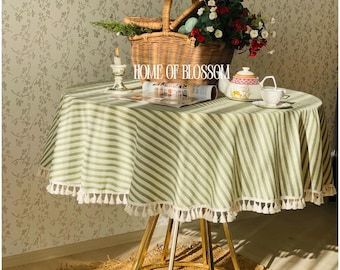 Green Stripe Linen Tablecloth with Tassels: Farmhouse Style