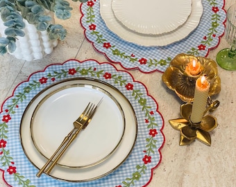Blue Gingham Embroidery Placemats, Embroidered placemats with flowers
