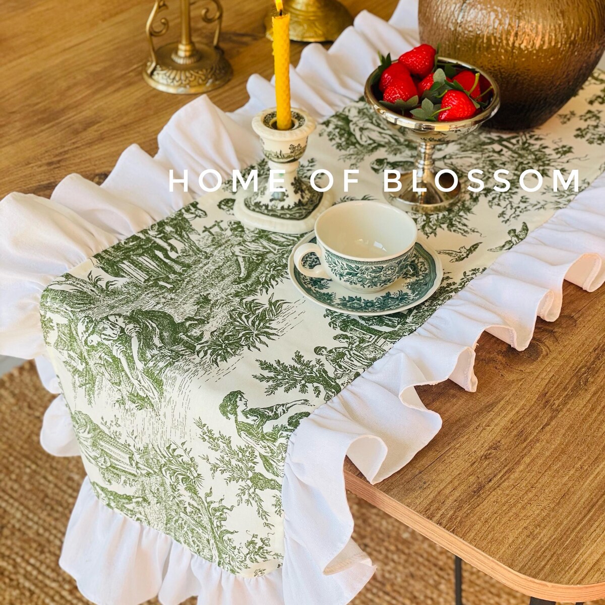 63 in. Green Toile De Jouy Table Runner With White Linen Ruffle