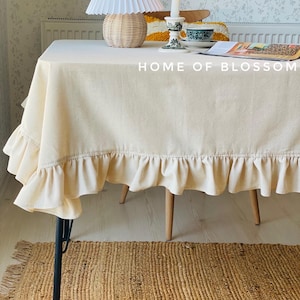Natural Linen Ruffle Vintage Rustic Tablecloth,Cream colour Ruffled Linen Tablecloth,Softened Washed Linen Tablecloth