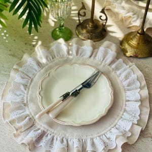 Ruffled Washed Linen Placemats: Cream Boho Table Decor