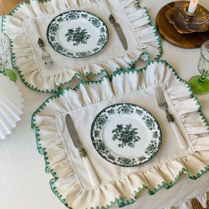 Ruffled Cream Linen Placemats: Softened Vintage Table Decor