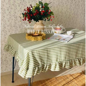 Green Stripe linen Tablecloth with Ruffle,  Farmhouse Tablecloth, Vintage Ruffled Tablecloth ,Rectangle Square Round Tablecloth with Ruffle