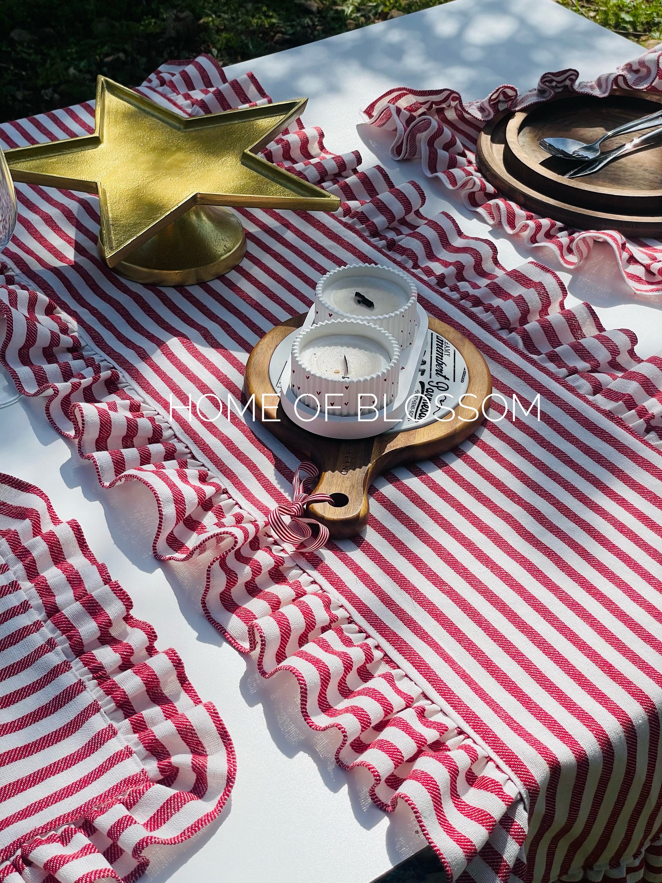 Red Stripe Linen Table Runner: Vintage Ruffle Stonewashed Tablecloth